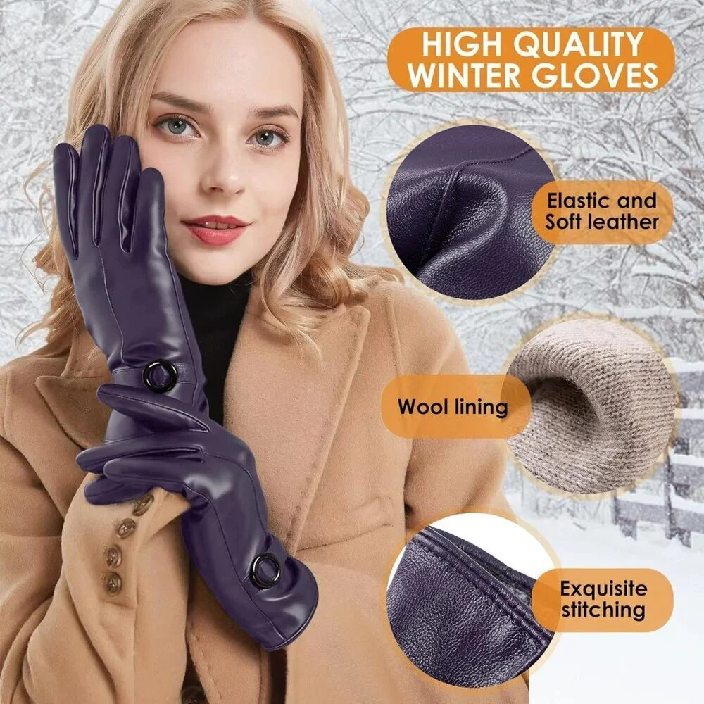 Women's Purple Lambskin Leather Gloves Warm Touchscreen Winter Driving Gift